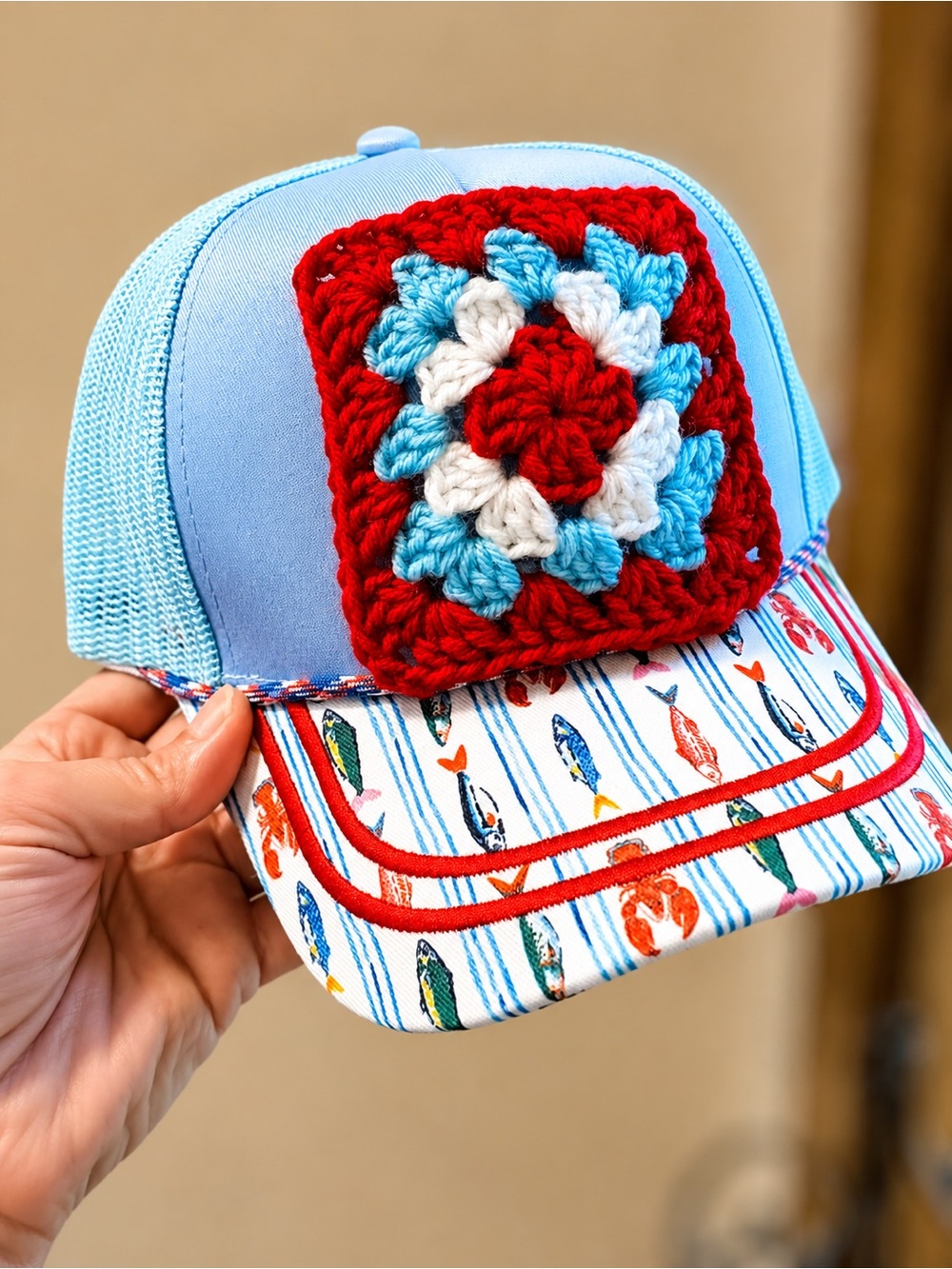 Light Blue Mesh Trucker Hat with Red Crochet Patch and Nautical Fish Print